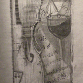 Eve Co: 'Violin Shadows', 2011 Pencil Drawing, Abstract Figurative. Artist Description: Title Violin ShadowsCompleted 01022011Size 12 x 18GraphiteAbstract shapes, dark, penciled and graphite drawing.  Each shape melds into the other.  School clock, wine glass, violin, and sheet music. ...