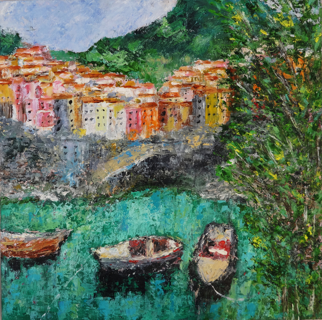 Indrani Ghosh  'Cinque Terre Oil Painting', created in 2023, Original Painting Oil.