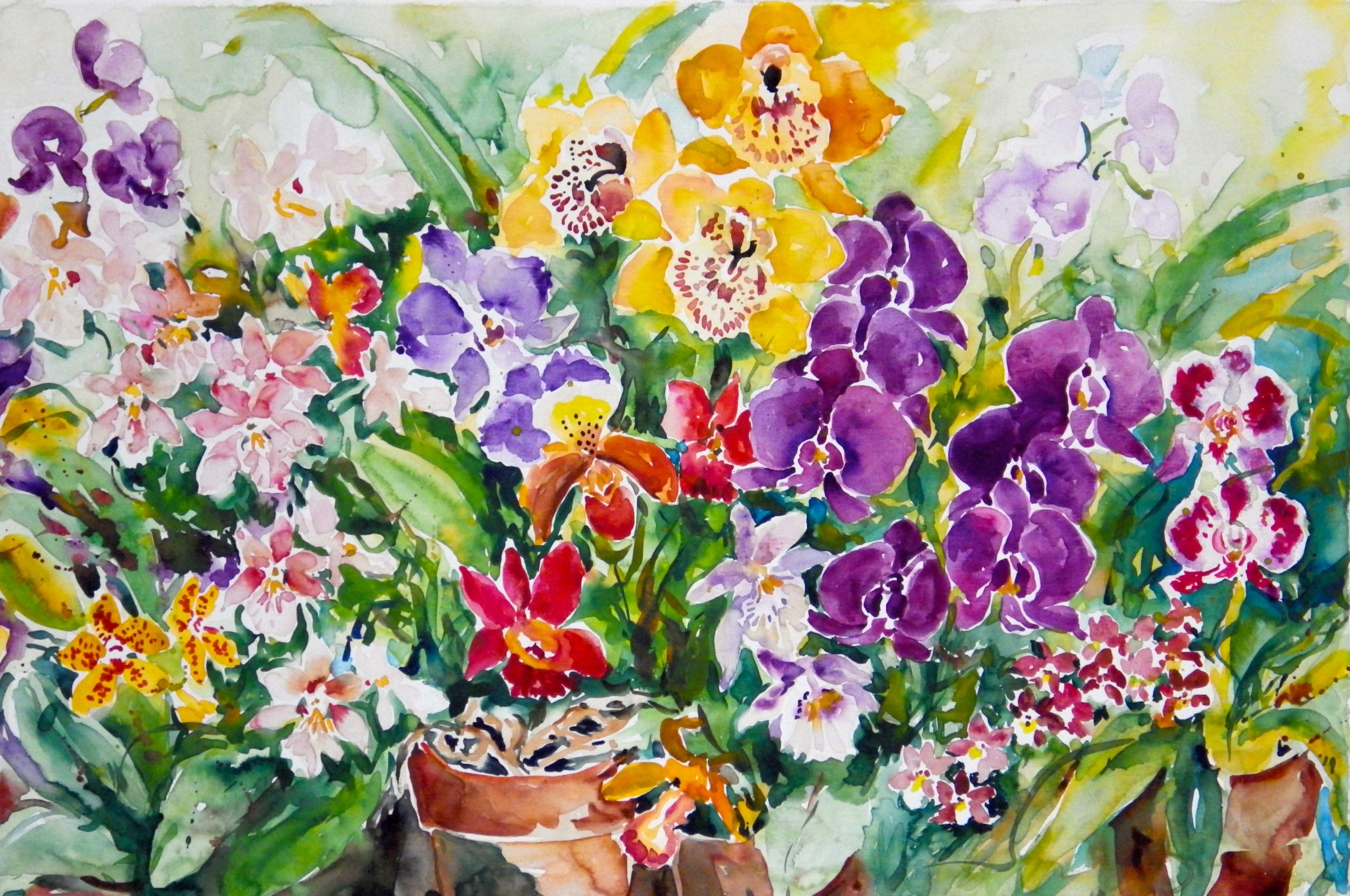 Ingrid Neuhofer Dohm: 'Orchids I', 2014 Watercolor, Botanical. Artist Description:  orchids, flowers, floral, impressionism, representational decorative, contemporary, traditional, IngridDohm, fine artist, fine art, original, ...