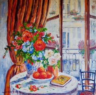 Ingrid Neuhofer Dohm: 'interior floral', 2018 Acrylic Painting, Impressionism. This is an original acrylic on canvas interior floral still life painting 36 x 36 inches. ...
