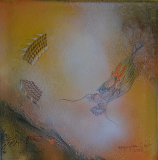 Inn-yang Low E.h.: 'Dragon looking out the fire mountain', 2015 Mixed Media, Abstract Figurative. lacrylique, Canvas...