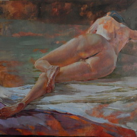 Irina Petruhina: 'burning heels', 2016 Oil Painting, Figurative. Artist Description: Female nude, impressionisme, sleeping woman, fantasy, erotics...