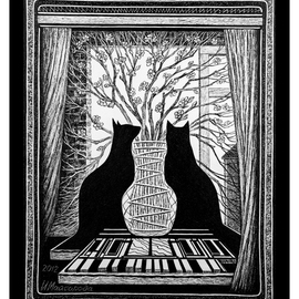 Irina Maiboroda: 'From a triptych Silhouettes I I ', 2009 Acrylic Painting, Surrealism. Artist Description: cat, cats, acrylic, surreal, imagination, black, white, triptych, silhouette, music, allegory this work has another name - pianocats...