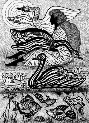 Irina Maiboroda: 'Wild swans', 2013 Ink Drawing, Abstract Figurative. the work is under passe- partout 40x50 cm...