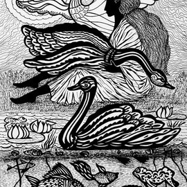 Irina Maiboroda: 'Wild swans', 2013 Ink Drawing, Abstract Figurative. Artist Description: the work is under passe- partout 40x50 cm...