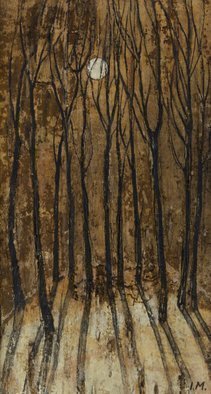 Irina Maiboroda: 'full moon forest', 2017 Woodworking Art, Abstract Landscape. The correct description of the technique used for this work  is  graphics on Beresta .  Beresta   or birch bark is the bark of the birth threes  genus Betula .  The strong, water- resistant bark was used as writing material, since pre- historic times. Today it remains a valuable crafting and art material...