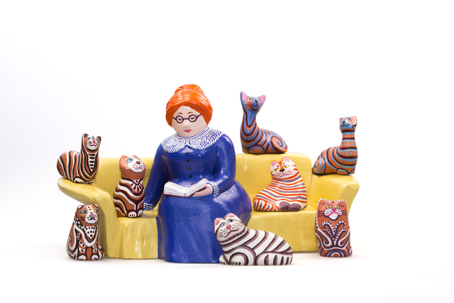 Irina Maiboroda  'Reading Lady And Her Cats', created in 2015, Original Woodworking.