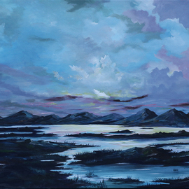 Conor Murphy: 'serenity in galway', 2019 Acrylic Painting, Mountains. Artist Description: Made with Tubes of Passion in IrelandIt is an acrylic painting on Winsor   Newton Cotton, with Warp resistant Kiln- dried solid wood stretcher bars.The sun is setting and its casting a beautiful yellow hue on the water below.Towering majestically over the Connemara countryside are The ...
