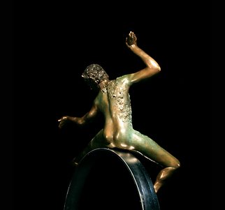 Martin Glick: '  Puck', 2011 Bronze Sculpture, Dance.  Puck is a character in both the play and the ballet A Midsummers Night DreamPuck is an impish character that is very wise.  This sculpture is a patinated bronze dancer on top of a chrome plated steel hoop.  ...