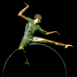 Martin Glick: '  Puck', 2011 Bronze Sculpture, Dance. Artist Description: Puck is a character in both the play and the ballet A Midsummers Night DreamPuck is an impish character that is very wise.  This sculpture is a patinated bronze dancer on top of a chrome plated steel hoop.  ...