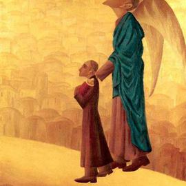 Israel Tsvaygenbaum: 'Boy Leading the Blind Angel', 1997 Oil Painting, Mythology. Artist Description:  The boy in the painting Boy Leading the Blind Angel with a Torah in his hand is leading the blind angel through the desert. The image is based on a dream Tsvaygenbaum had. In his dream, he also saw a vision of the future, where God trusts the ...