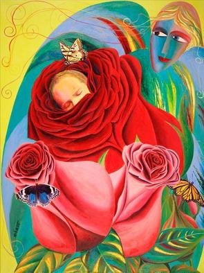 Israel Tsvaygenbaum: 'The Angel of Roses', 2012 Oil Painting, Floral.  Tsvaygenbaum' s painting The Angel of Roses is tribute to a new life. Tsvaygenbaum thinks that during development of a new life inside a mother' s womb, there exists an angel who is watching over the child in the garden of roses. To Tsvaygenbaum, an internal life of...