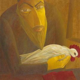 Israel Tsvaygenbaum: 'The Shochet with Rooster', 1997 Oil Painting, Portrait. Artist Description:  Tsvaygenbaumi? 1/2s painting The Rabbi Leading the Angel is about a Rabbi who leads Godi? 1/2s angel. Tsvaygenbaum let Godi? 1/2s angel follow a human being that carries the Torah as Godi? 1/2s guidebook to life. Godi? 1/2s Bible is cherished both by humanity and angels. ...