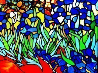Iva Kalikow: 'Irises', 2017 Stained Glass, Impressionism. This leaded stained glass art panel is inspired by Van Gogh.  Van Gogh found solace and inspiration in his surroundings and I was inspired to bring light to the colors of nature as he saw it.  This panel includes 400 hand- cut pieces of 20 different colors and textures of ...