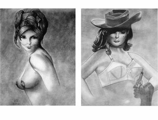 Donald Davenport: 'nostalgic beauty', 1967 Pencil Drawing, . A time when TV was seen in black and white, gray tones in advertising had a nostalgic look and when these two original drawings, were created using a primary pencil and tissue, each in metal glass frame.  ...