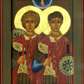 Nancy B Jackson: 'Saints Sergius and Bacchus', 2001 Tempera Painting, Religious. Artist Description: AVAILABLE BY COMMISSION - - Egg tempera on carved wood panel with 23 Karat gold - - Ss. Sergius & Bacchus, respected military officers in the Roman army, were martyred under Roman law in the early years of the Christian church for refusing to worship the emperor. These saints are venerated by many ...
