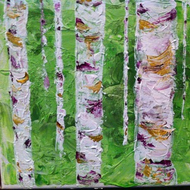Jacob Phillips: 'Aspen Grove in Spring', 2014 Acrylic Painting, nature. Artist Description:  This piece relaxes me. The sturdy tree trunks in the foreground and the backdrop of lush greenery, remind me of life, vitality, stability, security, and hope. Original acrylic on canvas with palette knives.Spring, trees, aspen, green, bark, safe,  creation, nature,  ...