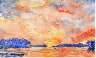 Jacqueline Weegels: 'Chesapeake Sunrise', 2005 Watercolor, Seascape. A warm sunrise on the Chesapeake Bay. Unframed....