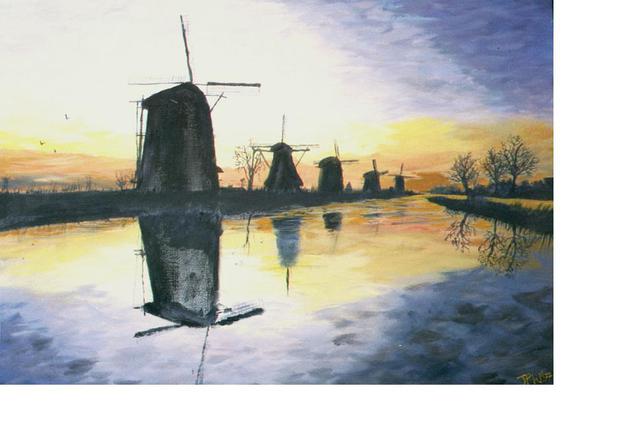 Artist Jacqueline Weegels Burns. 'Windmills' Artwork Image, Created in 1997, Original Collage. #art #artist