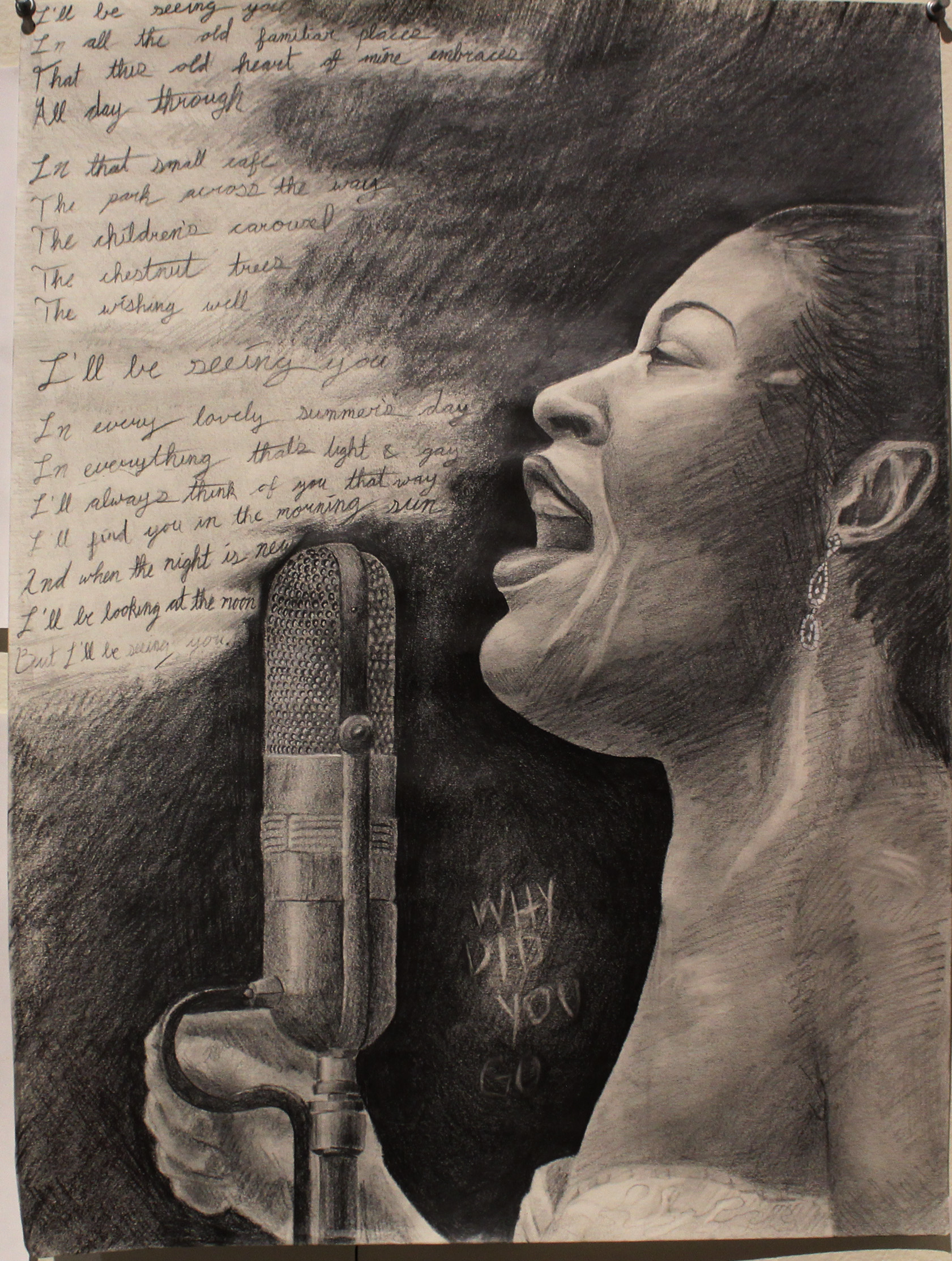 Jacques Pinard: 'billie eleanora fagan holiday', 2023 Graphite Drawing, Famous People. This began as a portrait of the incredibly gifted Jazz singer Billie Holiday, born and baptized with the name Eleanora Fagan.  This piece became a larger installation piece, surrounded by quotes from the musician s autobiography detailing various instances where she faced prejudice throughout her life for being black, being ...