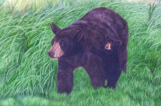 Jacquie Vaux: 'Hangin on Mom  Black Bears', 2014 Other Painting, Animals.   Hangin on Mom was inspired by my own experiences with black Bears and my hiking in Golden Gate park in the Fall. This Black Bear Cub is hanging on his Mom for security. He's painted on special cloth panel and Gallery wrapped, the painting extending around the edges on...