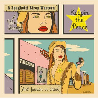 Janet Allinger: 'A Spaghetti Strap Western', 2002 Comic, Satire. One of my Cartoon collection pieces of femme fatal fun! Limited edition, signed of 250.Other sizes available plus 1 original acrylic painting, 36x36 available. ...