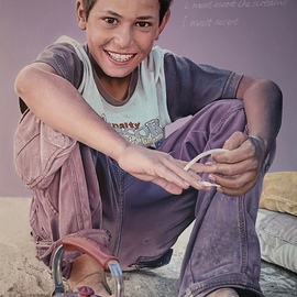 James Earley: 'a conversation', 2020 Oil Painting, War. Artist Description: I wanted to produce a painting that casts a light on the refugee crisis and the terrible suffering that the refugees have had to endure.  The portrait is of a Syrian Boy who is now living in a Turkish refugee camp but it could also be of an ...