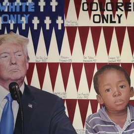 James Earley: 'american history', 2020 Oil Painting, Political. Artist Description: aEURoeAmerican HistoryaEUR is a painting about racism in the USA.  I really wanted Donald Trump to play a central role in this painting.  Donald Trump has had much to say about Mexicans, Chinese and other races and I cringe at the hatred that comes out of his mouth ...