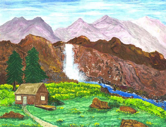 Artist James Parker. 'Cabin Waterfall' Artwork Image, Created in 2003, Original Drawing Pen. #art #artist