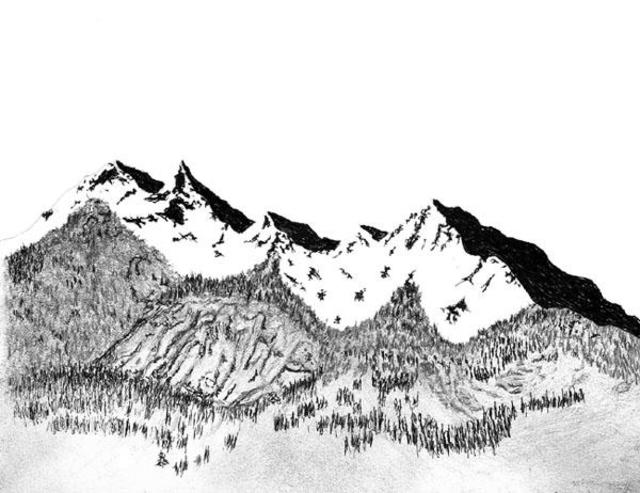 Artist James Parker. 'Mountains And Trees' Artwork Image, Created in 2002, Original Drawing Pen. #art #artist