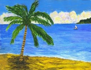 James Parker: 'Palm and Boat', 2003 Acrylic Painting, Seascape. Bright colorful painting of a palm on the shore with a bright blue sea and boat in the distance. ...