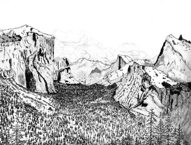 Artist James Parker. 'Yosemite Valley' Artwork Image, Created in 2003, Original Drawing Pen. #art #artist