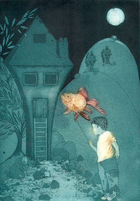 Jane Daniell  'Taking The Fish For A Walk', created in 2013, Original Printmaking Intaglio.