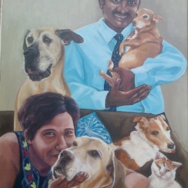 Janet Page: 'Group Portrait with animals', 2013 Oil Painting, Figurative. Artist Description:     Oil painting, portrait, pets, animals, man, woman, cats and dogs, family   ...