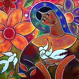 Jan Oliver: 'A Garden for Mary', 2006 Acrylic Painting, Religious. Artist Description: Mary is featured in beautiful garden cradling the dove of peace....