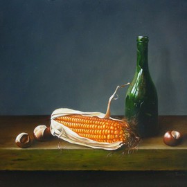 Bottle with corn and chestnuts By Jan Teunissen