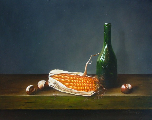 Artist Jan Teunissen. 'Bottle With Corn And Chestnuts' Artwork Image, Created in 2010, Original Painting Oil. #art #artist