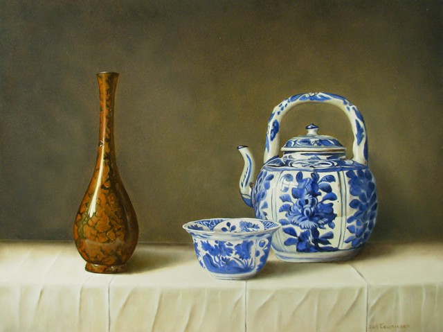 Jan Teunissen  'Chinese Kraak Bowl And Wine Pot And Bronze Vase', created in 2012, Original Painting Oil.