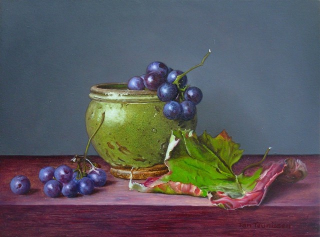 Artist Jan Teunissen. 'Jar Of Grape And Leaf' Artwork Image, Created in 2010, Original Painting Oil. #art #artist