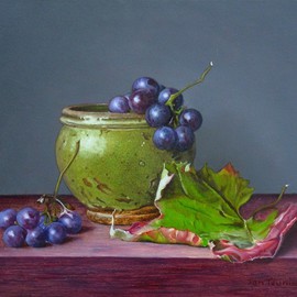 Jan Teunissen: 'Jar of grape and leaf', 2010 Oil Painting, Still Life. Artist Description: Jar of grape and leafOilpainting on board...