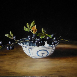 Jan Teunissen: 'chinese dish and black berries', 2018 Oil Painting, Still Life. Artist Description: Berries twig Chinese dish ...