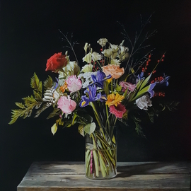 Jan Teunissen: 'colorful flower still life', 2020 Oil Painting, Floral. Artist Description: Colorful flower still life...