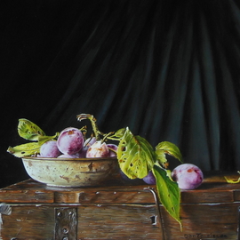 plums in a rusty dish on a box By Jan Teunissen