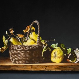 still life basket and quinces
