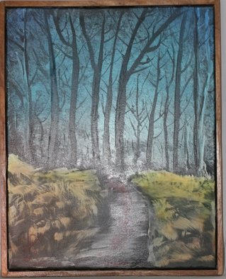 Joseph Antrobus: 'blood red trail', 2019 Oil Painting, Fantasy. Oil based painting of bloody trail deep in forest under cover of night.  Framed in walnut frame...