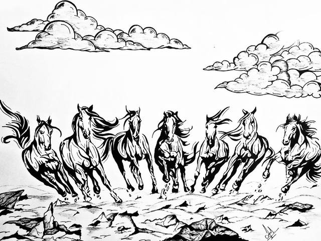 Artist Jasleen Babra. '7 Horses' Artwork Image, Created in 2020, Original Illustration. #art #artist