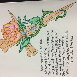 Jason Wirick: 'lost child', 2018 Crayon Drawing, Spiritual. Artist Description: wooden cross with a rose and poem. there is a tear coming from the rose. then there is a wrap of thorns around the cross coming from the rose. ...