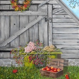 Janet Glatz: 'rustic shed', 2020 Oil Painting, Americana. Artist Description: Apple trees, baskets of fruit, and fall flowers enhance this country scene. ...