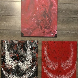 Justin Dabolish: 'the symbiote set', 2019 Acrylic Painting, Popular Culture. Artist Description: This set of 3 pours are inspired by some of Spider- Man s greatest villains Venom and Carnage. Each Acrylic pour I do comes out different from the next even when using the same colors so no two paintings are the same. Original. Signed. ...