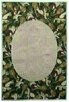 Jean Judd: 'Last Angel', 2010 Textile Art, Mystical.  This textile artwork has been a long time in the design and construction process.  It was started in 2002 and just completed in August of 2010.  The art quilt is done entirely by hand.  The tan oval is hand appliqui? 1/2d to the cherub background.  The angel form is densely...